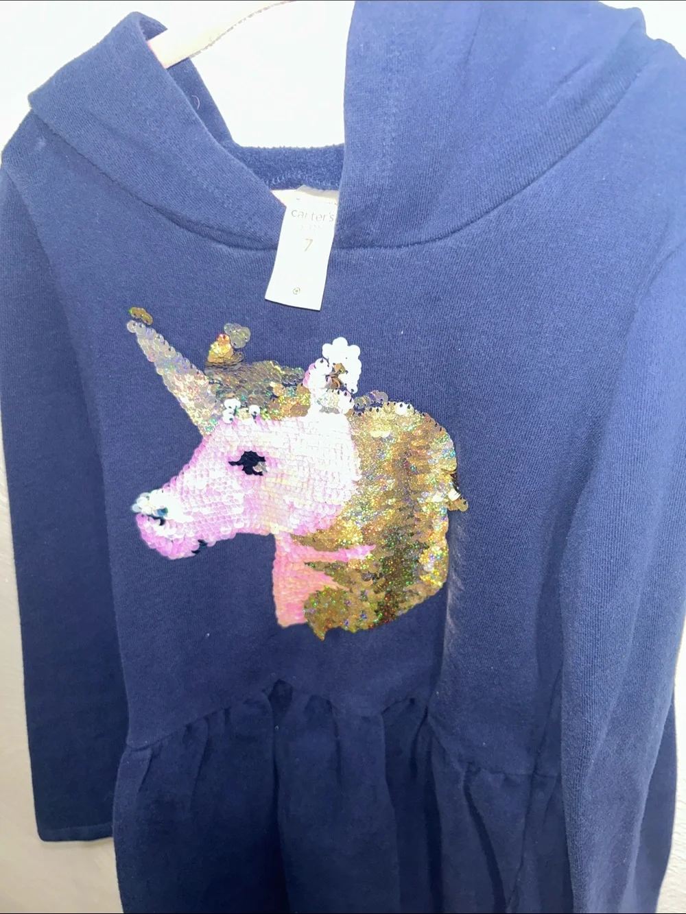Carter's Navy Hoodie Dress with Sequin Unicorn